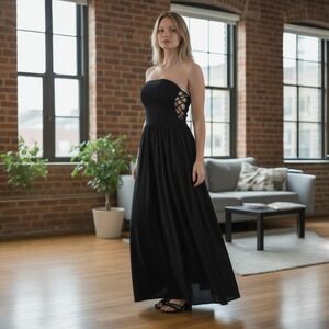 Lulus Black Lenin Strapless Lace Up Side Maxi Dress Small Vacation